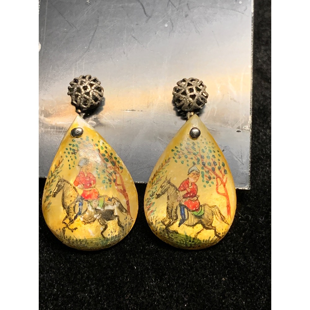 Vintage Persian Hand Painted MOP Horse Bird Teardrop Earrings Screwback